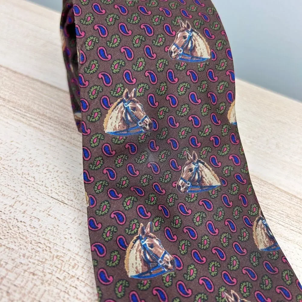 Etro Silk Necktie Horse Equestrian Brown Tan Paisley Boho Luxury Designer Tie